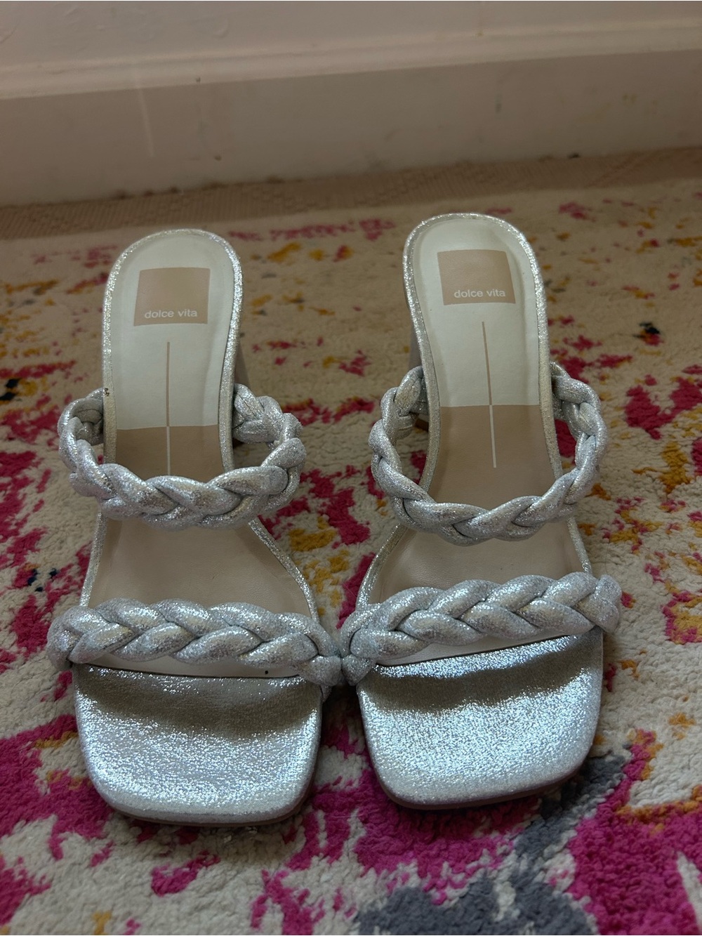 Dolce Vita Sparkle Braided Double-Strap Slide Sandals in Silver